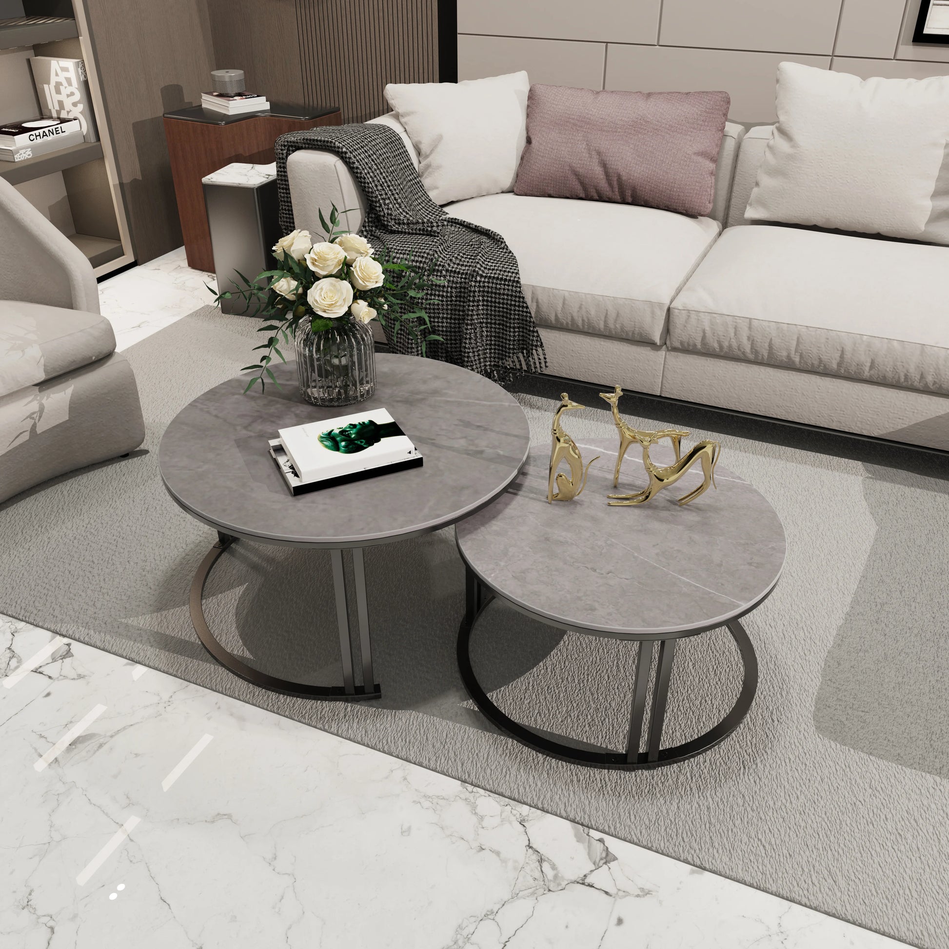 Salontafel Set – Bijzettafel – Nestbare Tafels – Woonkamertafel – Sintersteen Blad – Stevig Metalen Frame - Wit - QUORE