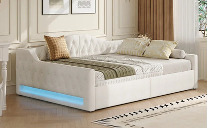 Eenpersoonsbed – Bedframe – Eenpersoonsbed Met Opberglade – Slaapbed – Kinderbed – 140x200 CM – Linnen Bekleding – Verstelbare 7-Kleurige Led-Verlichting