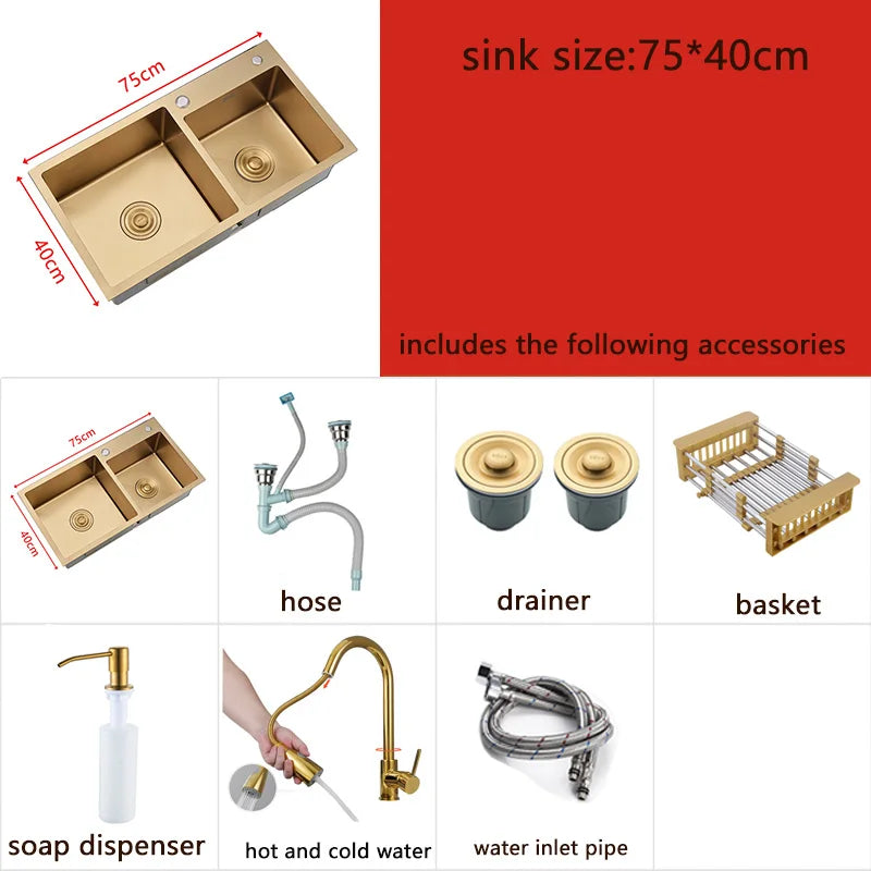 Dubbele Spoelbak – Keukenspoelbak – RVS Spoelbak – Gouden Spoelbak – Dubbele Kom – 75x40 cm – 304 Roestvrij Staal – Ingebouwde Zeef & Zeeppompje
