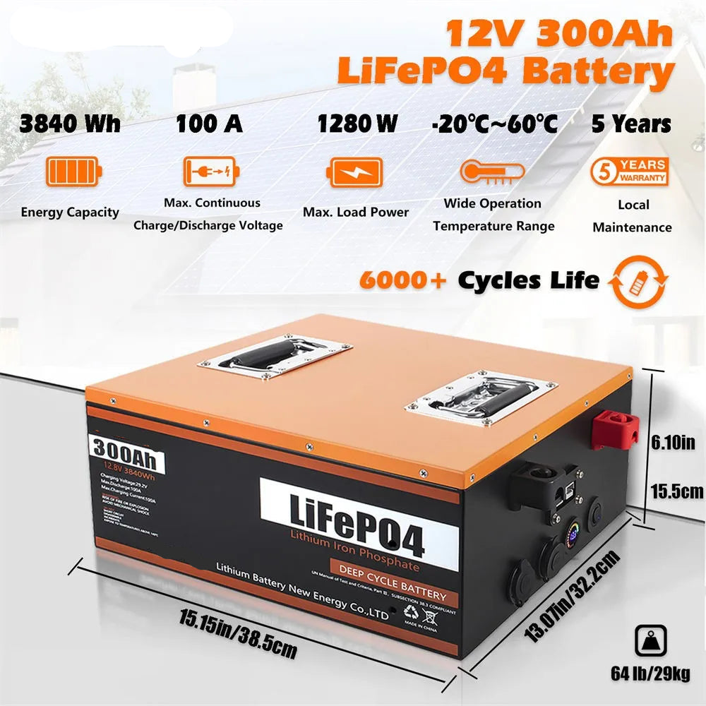 12V 300Ah LiFePO4 Batterij – Accu – Energieopslag – Lithium Accu – Camper Accu – Hoge Capaciteit 300Ah – Ingebouwd BMS Veiligheidssysteem