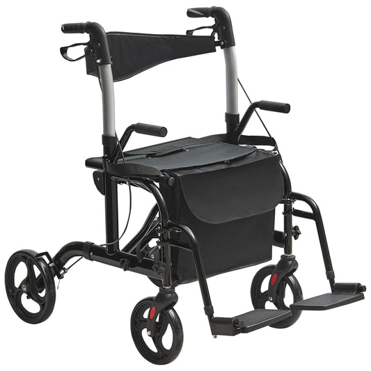 Rollator Lichtgewicht en Opvouwbaar - Rolstoel - Rollators - Rollator Lichtgewicht - Rollators Binnen en Buiten - 2 in 1 Rollator - Looprek & Transportstoel voor Senioren - Rolstoel Combo - Draagvermogen 300 lbs - Zwart - QUORE