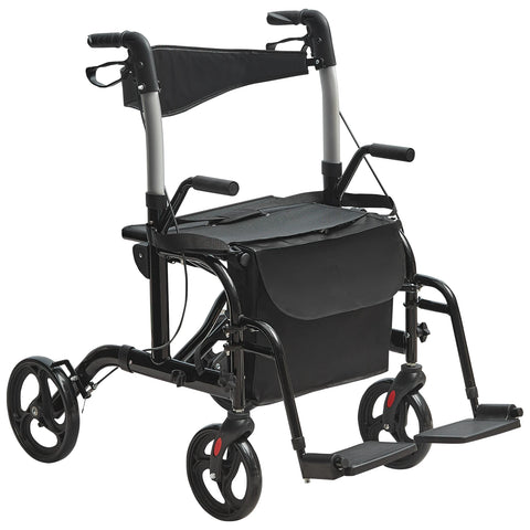 Rollator Lichtgewicht en Opvouwbaar - Rolstoel - Rollators - Rollator Lichtgewicht - Rollators Binnen en Buiten - 2 in 1 Rollator - Looprek & Transportstoel voor Senioren - Rolstoel Combo - Draagvermogen 300 lbs - Zwart