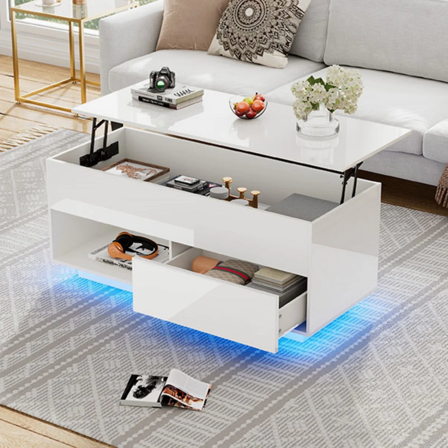 Hoogglans Salontafel – Koffietafel – Tafeltje – Woonkamertafel – Tafel Met Verstelbaar Blad – LED-Verlichting – Lade En Open Opbergruimte – 100x50x55 cm – Robuuste Constructie