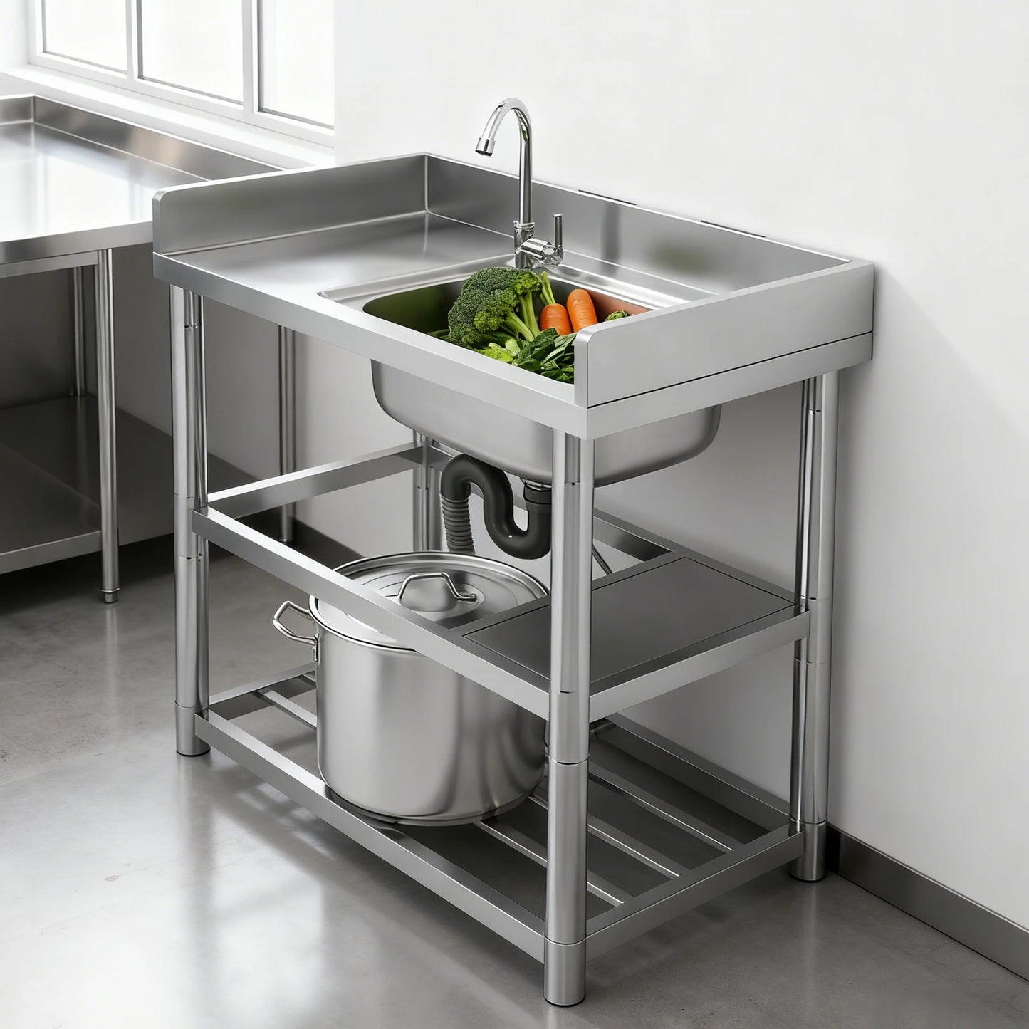 2-Tier Stainless Steel Single Bowl Sink with Worktop and Faucet, 100KG Capacity Floor Standing Kitchen Hand Washing Station - QUORE
