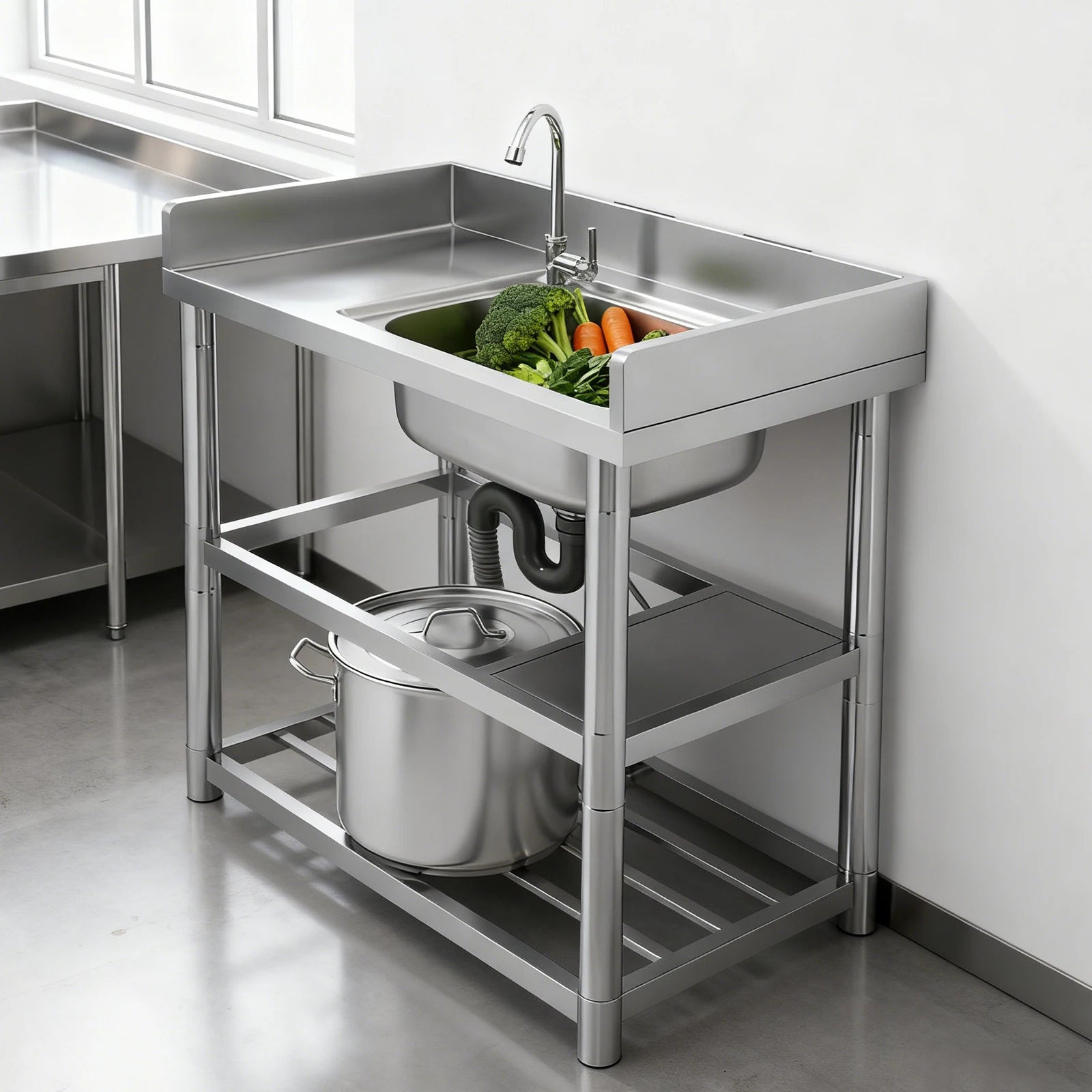 2-Tier Stainless Steel Single Bowl Sink with Worktop and Faucet, 100KG Capacity Floor Standing Kitchen Hand Washing Station - QUORE