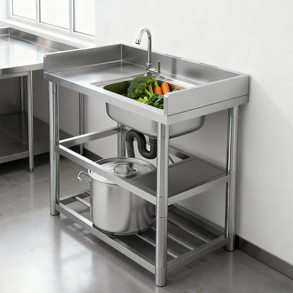 2-Tier Stainless Steel Single Bowl Sink with Worktop and Faucet, 100KG Capacity Floor Standing Kitchen Hand Washing Station - QUORE