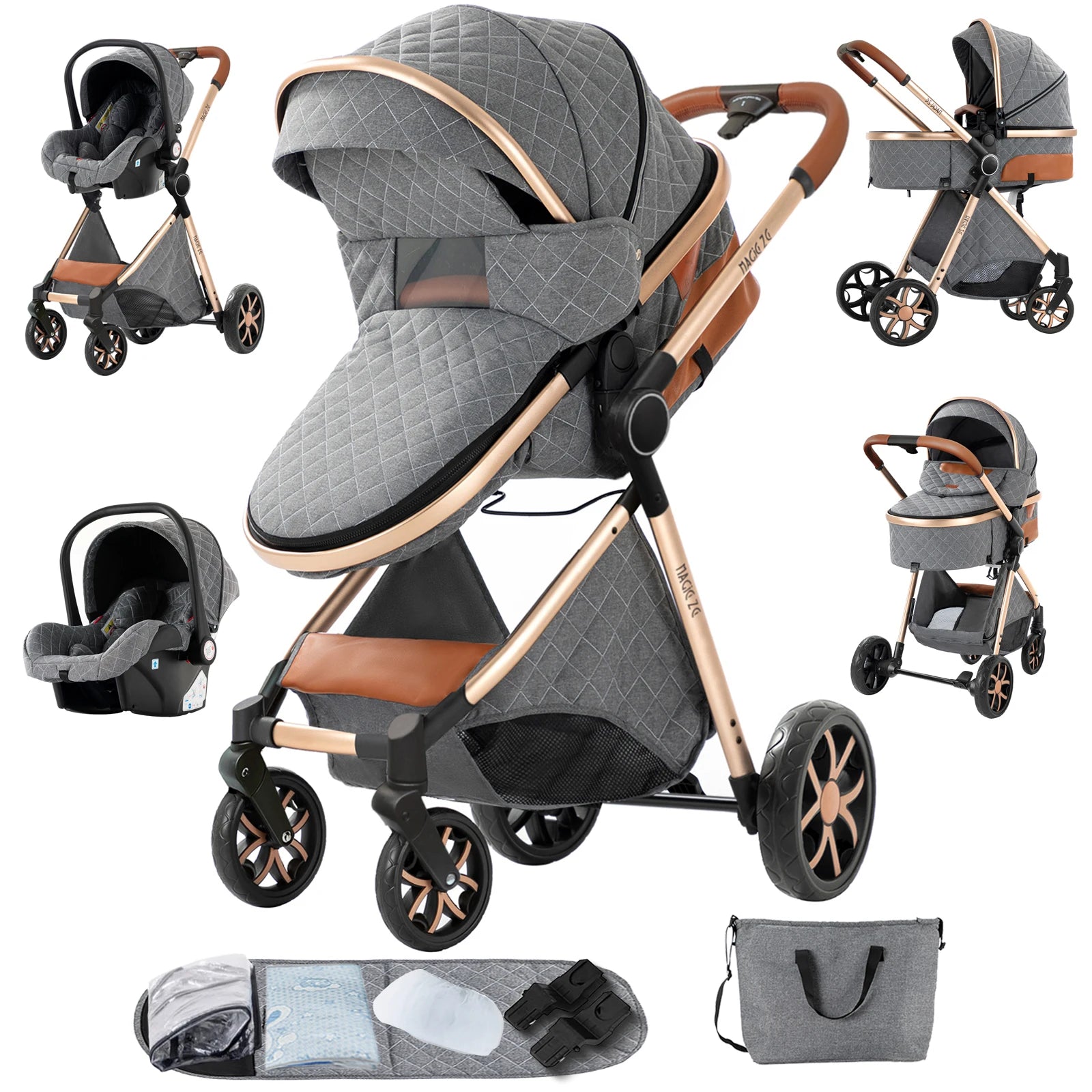 3-in-1 High Landscape Baby Stroller Travel System Bassinet Car Seat Lightweight Frame with One-Hand Folding Feature Baby Items - QUORE