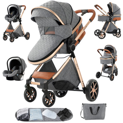 3-in-1 High Landscape Baby Stroller Travel System Bassinet Car Seat Lightweight Frame with One-Hand Folding Feature Baby Items - QUORE