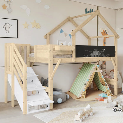 Kinderbed – Bed – Eenpersoonsbed – Kinderbedframe – Bed Met Opbergruimte – Uniek Dakontwerp – Trap Met 3 Opbergkasten – Voor Matras 90x200 CM
