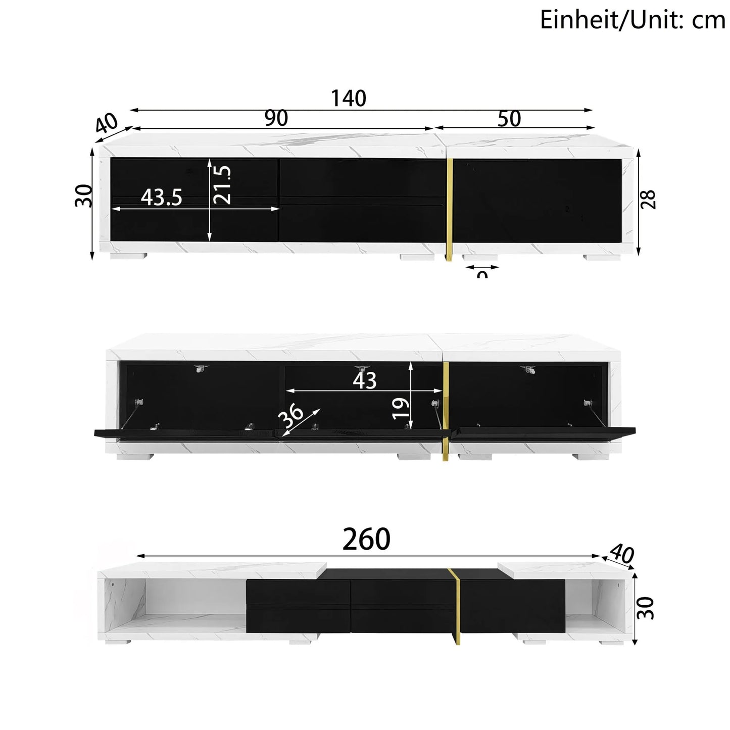 TV-meubel – TV-kast – TV-dressoir – TV-meubel met opbergruimte – TV-meubel wit – Verstelbare lengte 140-260 cm – Draaibaar en flexibel design