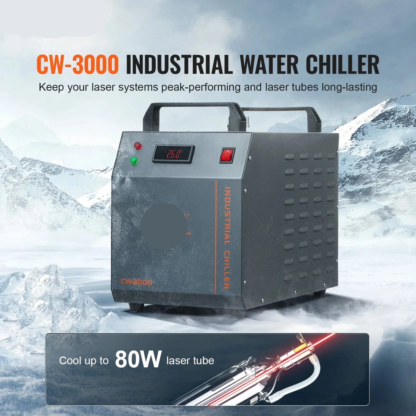 Industriële Waterkoeler - Chiller Industriële – 80W - Luchtgekoeld – 12L Waterreservoir – 12 L/min – Voor CO₂ Lasers tot 80W – Compacte Waterchiller met Alarmfuncties - Grijs
