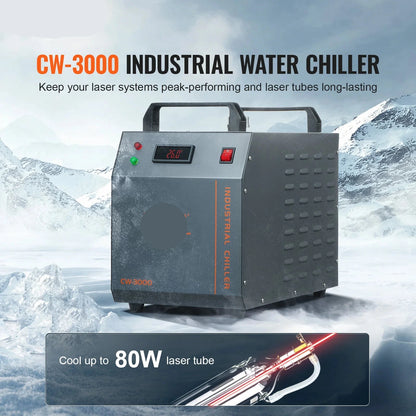 Industriële Waterkoeler - Chiller Industriële – 80W - Luchtgekoeld – 12L Waterreservoir – 12 L/min – Voor CO₂ Lasers tot 80W – Compacte Waterchiller met Alarmfuncties - Grijs
