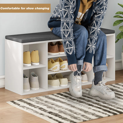 Hal Schoenenkast - Schoenenbank - Schoenenrek - Schoenkast - 103.5x30x48cm - Vrijstaand & 7 Compartimenten – Opbergbank met Stoffen Kussen - Wit & Grijs