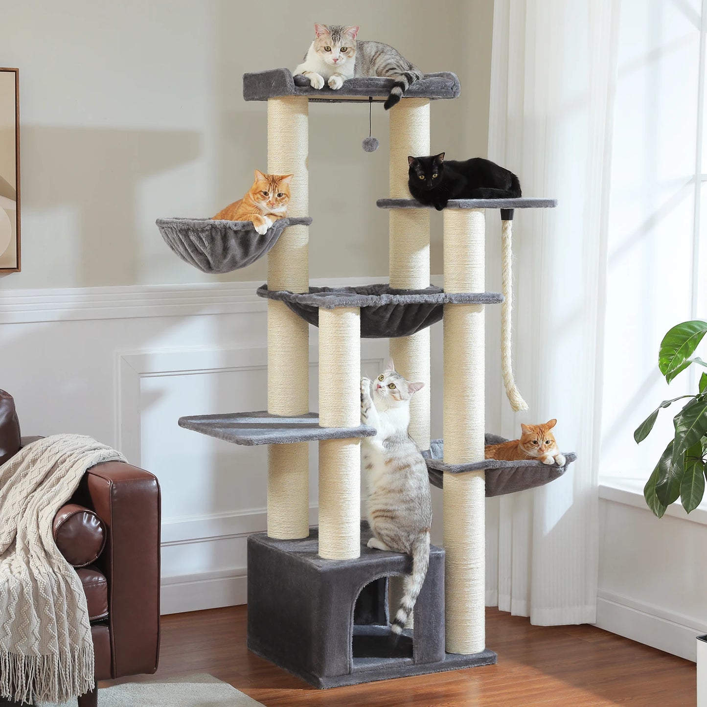 Kattenboom - voor Grote Binnenkatten – Krabpaal - Hoog Kattenmeubel - met Sisal Krabpalen - Condo Hangmat – Arbre a Chat - met Pluche Perch Speelbal - 114cm - Zwart