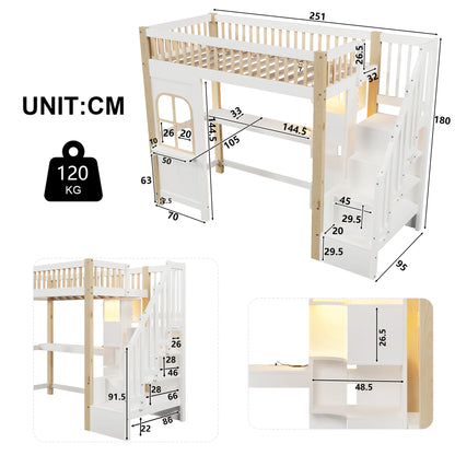 Hoogslaper – Kinderbed – Stapelbed – Bedframe – Huisvormig Bed – 90x200 cm – Massief Hout – Veel Opbergruimte Met Kastjes En Trap