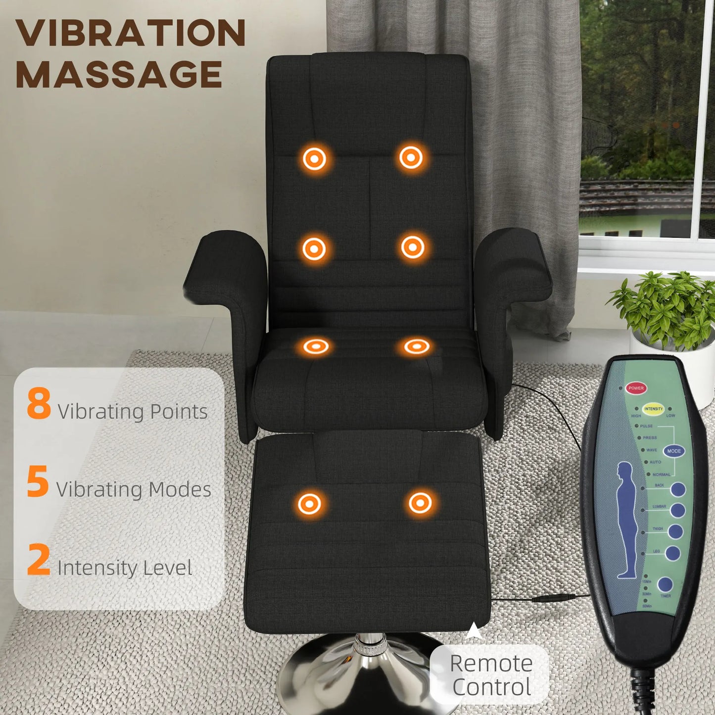 Elektrische Relaxstoel – Massagefauteuil – Verstelbare Stoel – Draaibare Zitting – Voetenbank – 5 Massagestanden – Rugleuning 135°