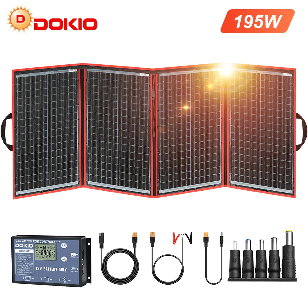 Dokio 97W 150W 195W 295W Portable Foldable Solar Panel with 12V Controller Flexible Solar Panel for Family Camping Trip