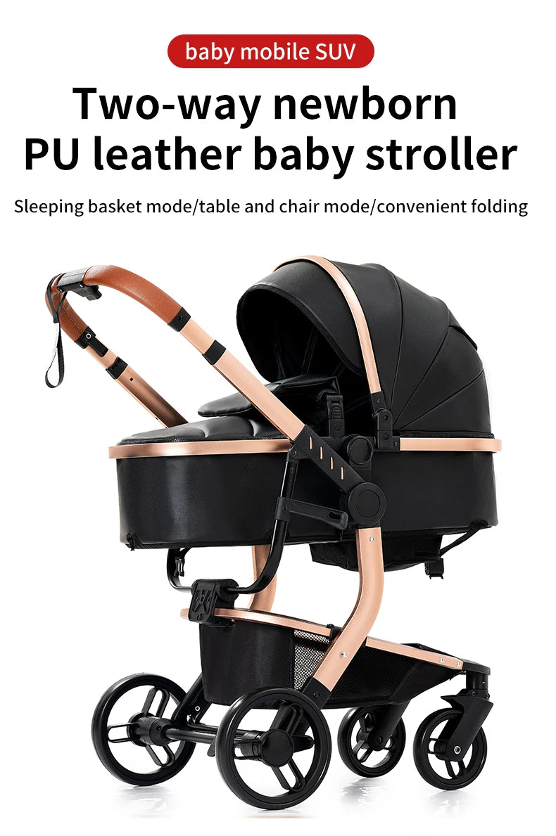3-in-1 Opvouwbare Kinderwagen - Babywagen - Poussette - Buggy - Pram - Wandelwagen - PU Leren Bekleding – Inclusief Autostoel – Lichtgewicht & Multifunctioneel – Zwart
