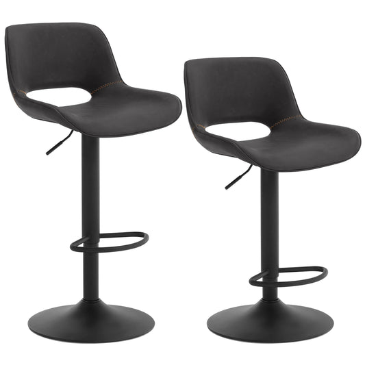 Barkrukken – Set van 2 - Barstoel – Keuken Kruk – Verstelbaar – Vintage Kunstleer – Metalen Frame - Antraciet