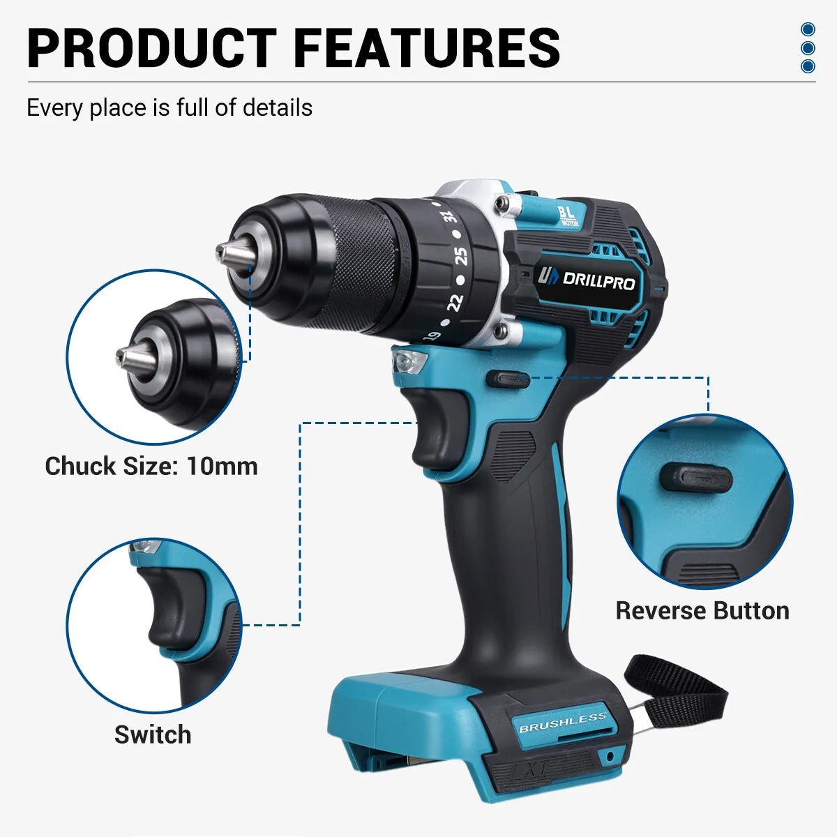 Drillpro 4pcs Power Tool Set 800N.m Electric Wrench 125mm Angle Grinder Brushless Electric Hammer 10mm Drill w/ 2 Battery - QUORE