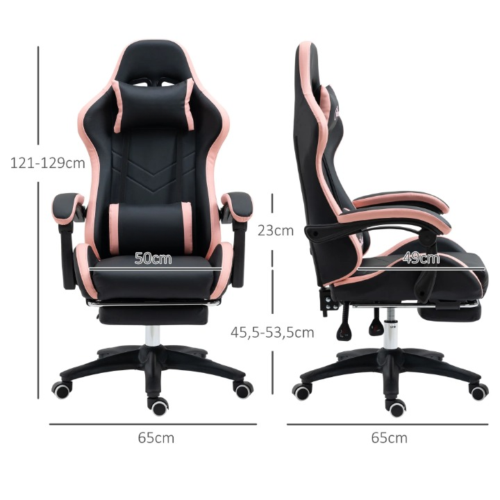 Gaming Stoel - Bureaustoel - Swivel Stoel - met Voetsteun - Hoofdsteun - Verstelbare - Rugleuning - Lendenkussen - Ergonomische - Draaibare - 65 x 65 x 121-129 cm - Zwart & Roze - QUORE