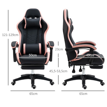 Gaming Stoel - Bureaustoel - Swivel Stoel - met Voetsteun - Hoofdsteun - Verstelbare - Rugleuning - Lendenkussen - Ergonomische - Draaibare - 65 x 65 x 121-129 cm - Zwart & Roze - QUORE