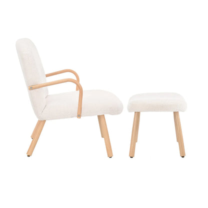 Fauteuil – Stoel – Relaxfauteuil – Zetel – Bijpassende Voetenbank – Teddy Fleece Bekleding – Houten Frame