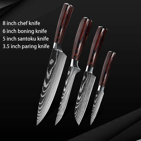 Keukenmessen - Knife set - Chef Knife - Knives - Kitchen Knife - Roestvrij staal met hoog koolstofgehalte - Damascus-tekening - Hakmesset - Santoku-koksmes - 7stuks