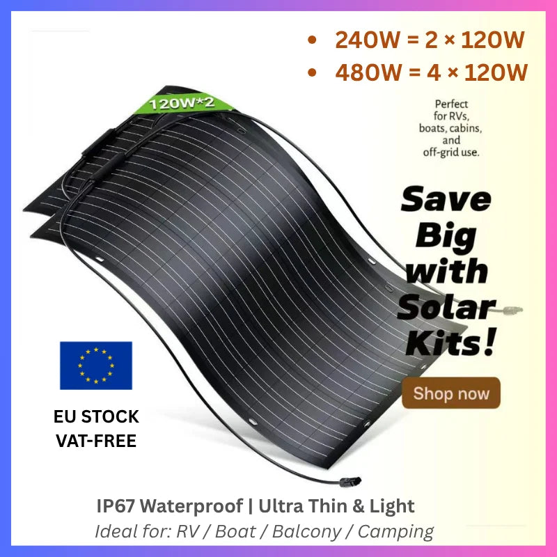 Flexibele Zonnepanelen Kit – Flexibele Solar Panelen – Zonnepaneel Set – Mobiele Zonne-energie – Lichtgewicht Zonnepanelen – 480W Vermogen – Hoog Rendement 18,6% – Waterdicht IP67 & ETFE Coating - QUORE