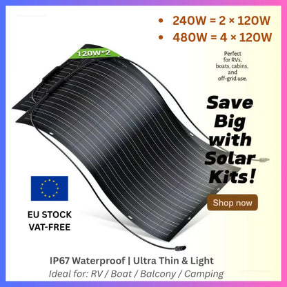Flexibele Zonnepanelen Kit – Flexibele Solar Panelen – Zonnepaneel Set – Mobiele Zonne-energie – Lichtgewicht Zonnepanelen – 480W Vermogen – Hoog Rendement 18,6% – Waterdicht IP67 & ETFE Coating - QUORE