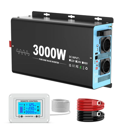 Omvormer – 12V Naar 230V – Stroomomzetter – Zuivere Sinus – Noodstroom – 3000W Continu Vermogen – Aluminium Behuizing - QUORE