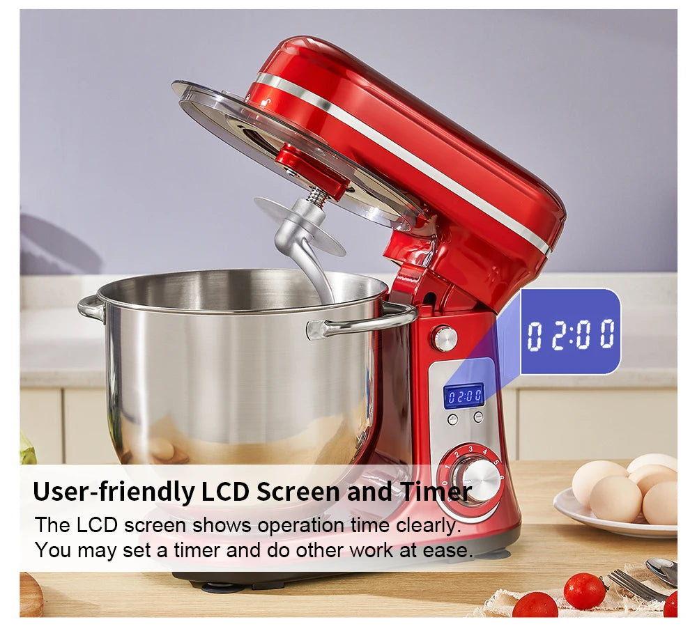 Keukenmixer - Keukenmachine - Foodprocessor - Keukenrobot - LED Display - 6 Snelheden - 1200W - Stil DC-Motor - Elektrische Foodmixer - Rood - QUORE