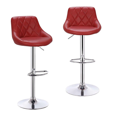 Adjustable Bar Stool - Chair - Bar Stool - Backrest - Set of 2 - Bar Stools with Backrest - Leather - Velvet Seat - Adjustable with Footrest - Wine Red Leather