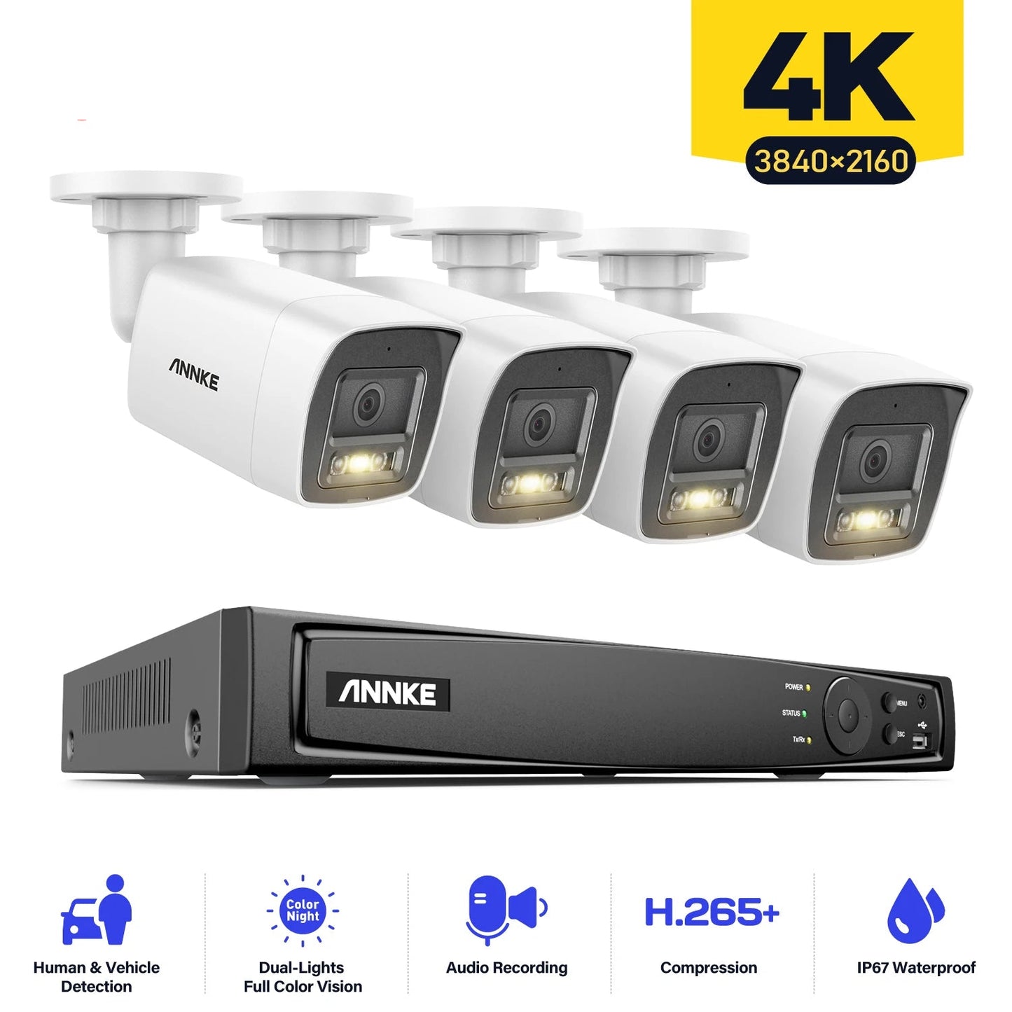 4K PoE Beveiligingscamera Set – Beveiligingscamera Systeem – CCTV Camera Kit – IP Camera – Video Bewaking – 4 Camera’s met 8MP – 2TB Opslag – Twee-weg Audio – Weerbestendig IP67