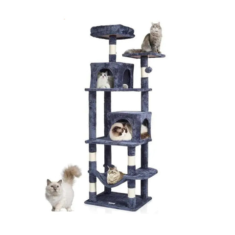 Kattenboom - Krabpaal Plafond - voor Binnenkatten – Kattenmeubel met 2 Kattenhuisjes - Sisal Krabpalen -  Activiteitencentrum - 160 cm - 7 lagen - Donkergrijs