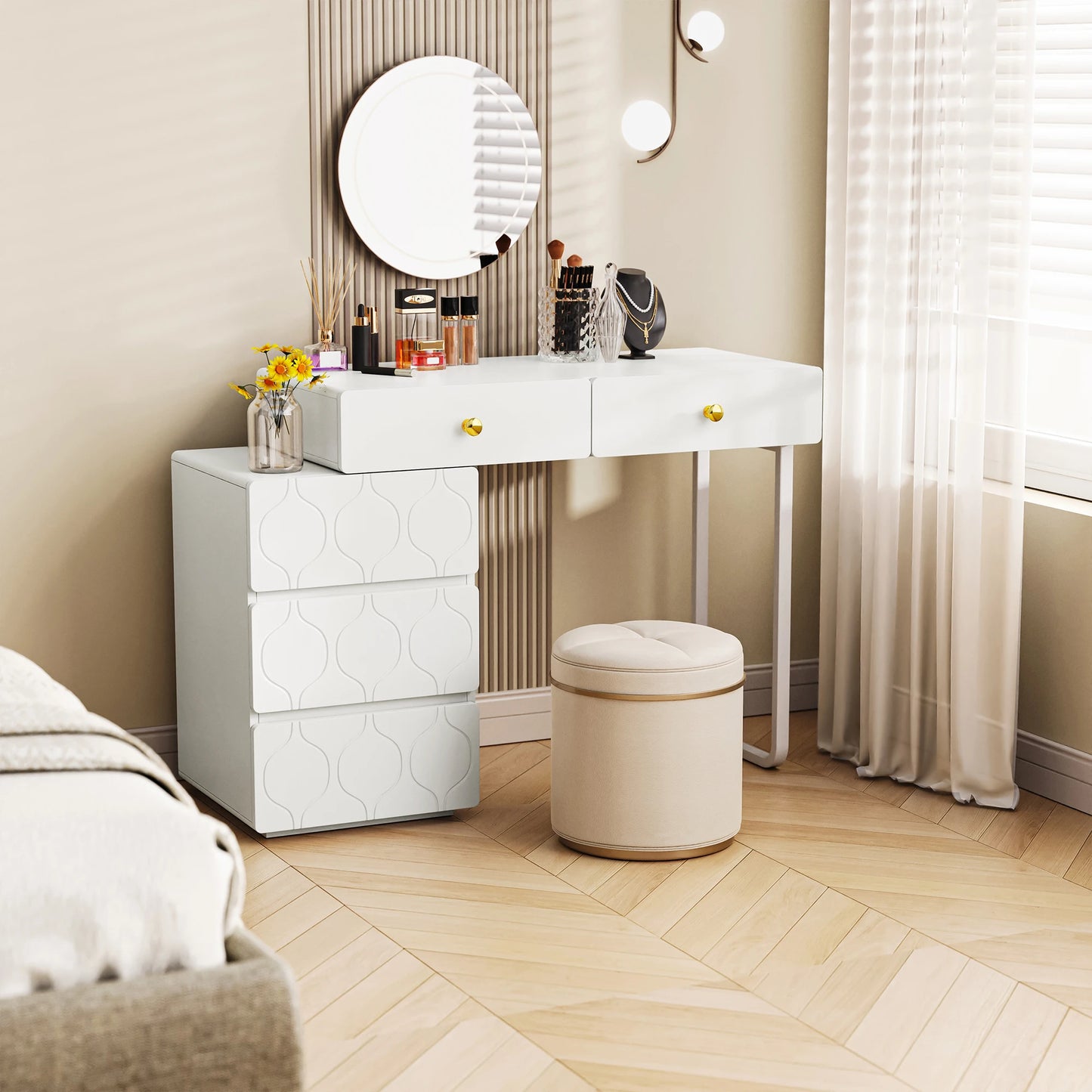 Kaptafel – Make-uptafel – Schminktisch – Dressing Table – Vanity Table – Verwisselbare Zijkanten en Poten – Vijf Ruime Laden – Compact 90x40x73,5 cm