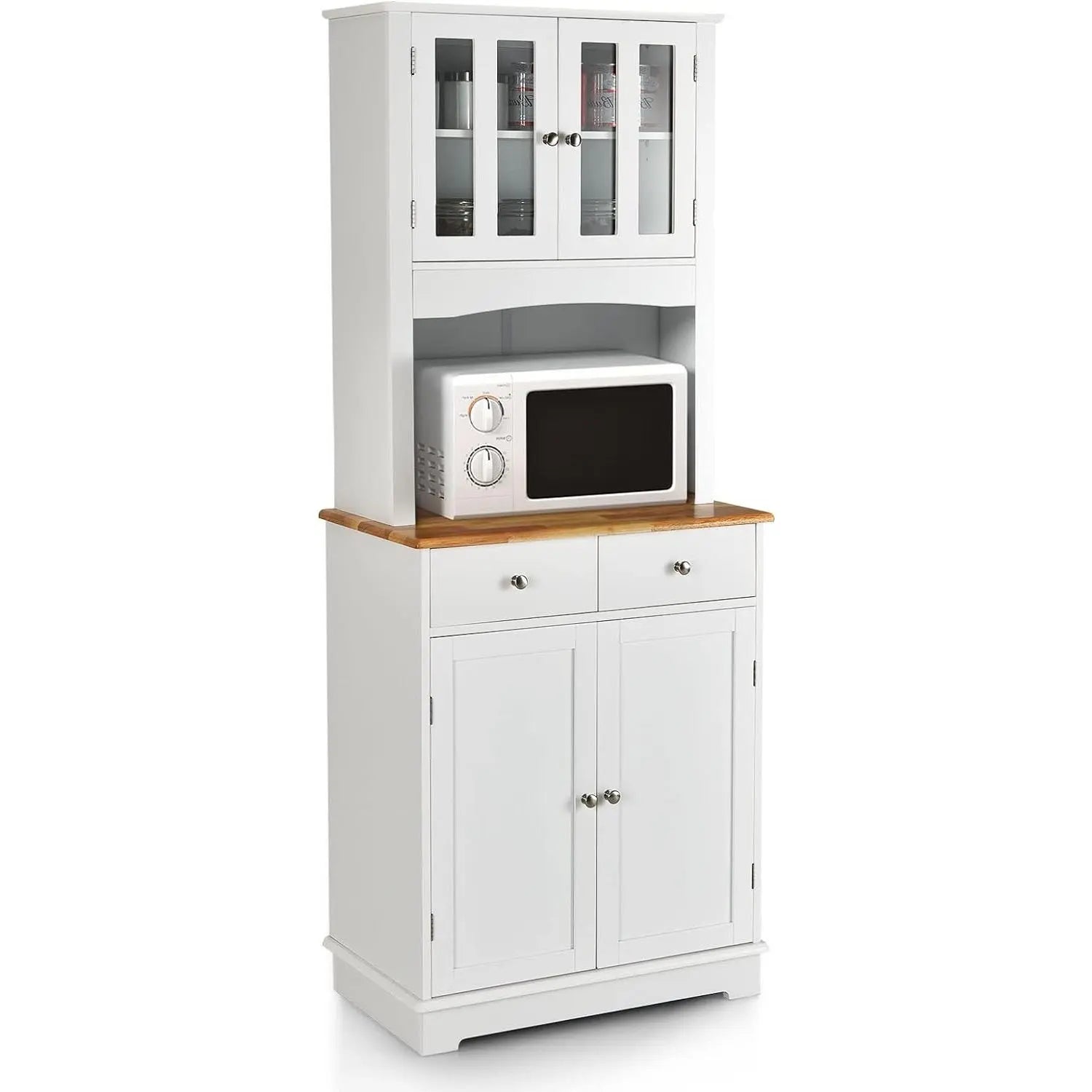 Keukenkast hoog - 170 cm buffetkast hout - hoge kast met 2 laden & verstelbare planken & glazen deuren & draadgat - keukenbuffet vrijstaand - buffet voor keuken eetkamer - wit - QUORE