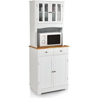 Keukenkast hoog - 170 cm buffetkast hout - hoge kast met 2 laden & verstelbare planken & glazen deuren & draadgat - keukenbuffet vrijstaand - buffet voor keuken eetkamer - wit - QUORE