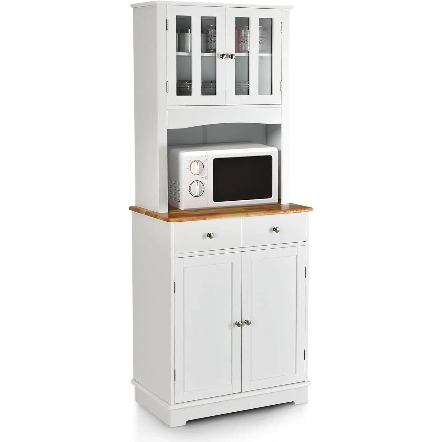 Keukenkast Hoog 170 cm – Houten Buffetkast – Hoge Kast met Laden, Glazen Deuren & Verstelbare Planken – Vrijstaand Keukenbuffet – Witte Kast voor Keuken of Eetkamer