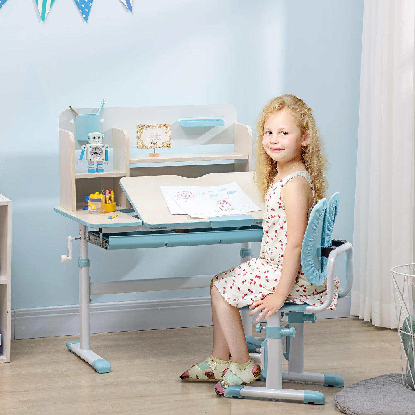 Kindermeubelset - Kindertafel - Kinderstoel - Kinderbureau - Kinder Bureau & Stoel Set - Studie Tafel & Stoel - Hoogter Verstelbar - voor Kinderen - 3-12 jaar oud - PP - MDF - Staal - Polyester - Schuim - 80 x 52 x 88-109 cm - Blauw - QUORE