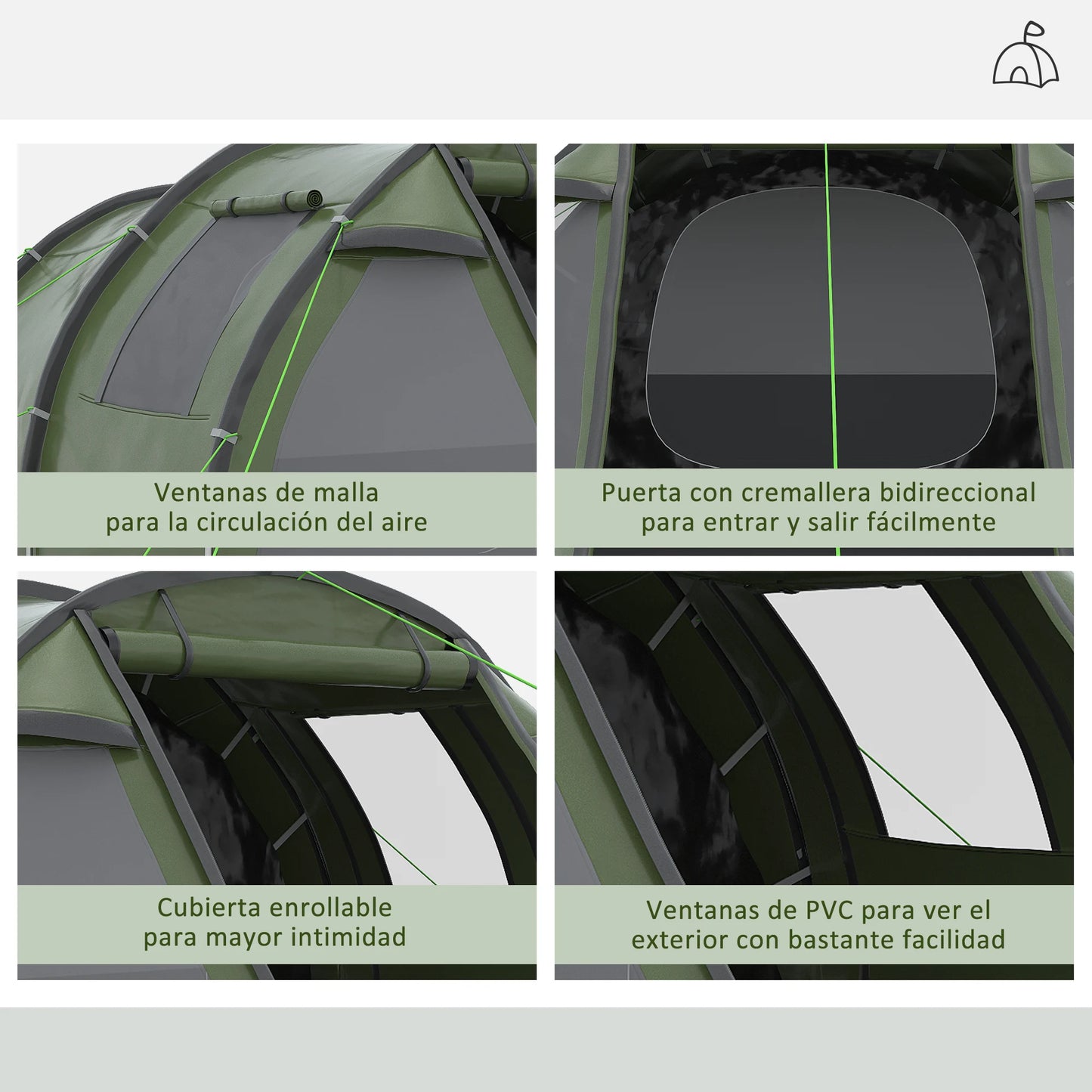 Tunnel Tent - 3 tot 4 Personen - Waterdicht & UV-bestendig - Grote Ruimte - Ventilatieramen - Outdoor Kampeertent - 475x264x172 cm - Groen - QUORE