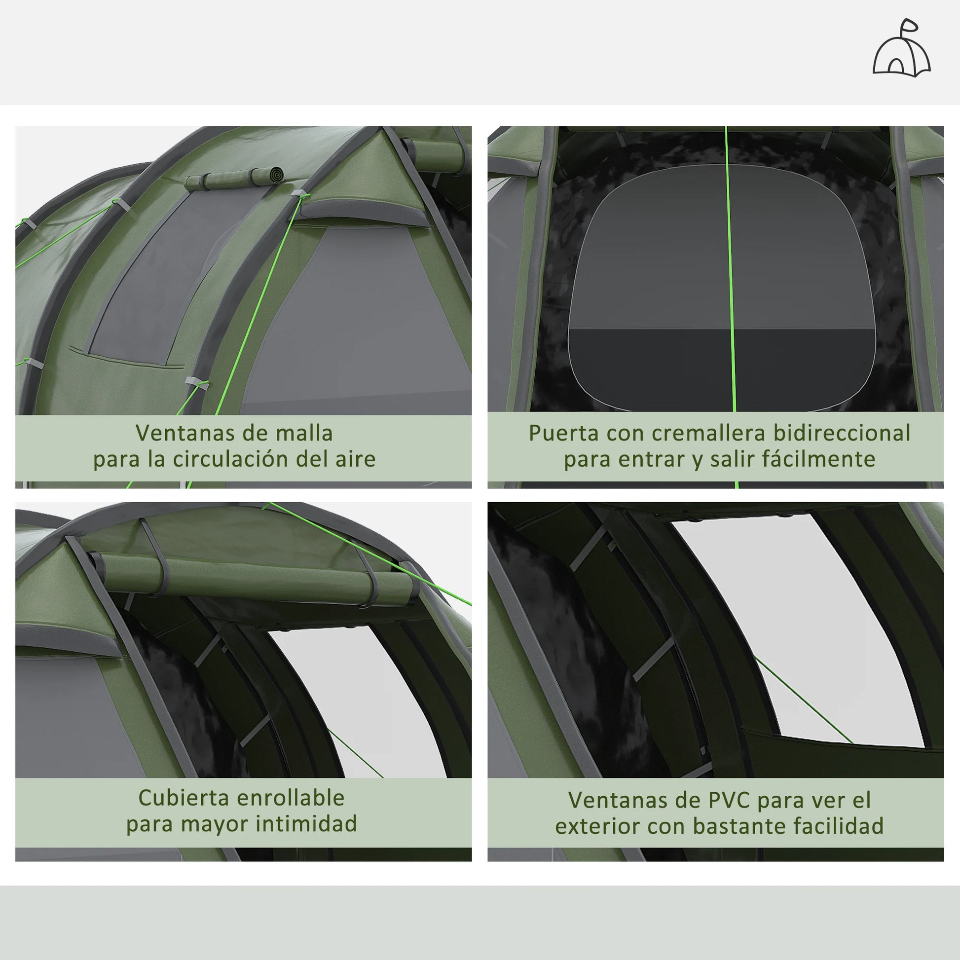 Tunnel Tent - 3 tot 4 Personen - Waterdicht & UV-bestendig - Grote Ruimte - Ventilatieramen - Outdoor Kampeertent - 475x264x172 cm - Groen - QUORE