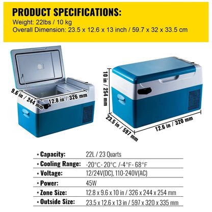 Auto Koelbox - Compressor Koelkast - Koelbox - Compressor Koelbox - Camping Koelkast - met Vriezerfunctie - 22L - 12V/24V & 230V AC - 45dB - -20°C tot +20°C - Voor Camping - Auto - Boot & Buitenactiviteiten