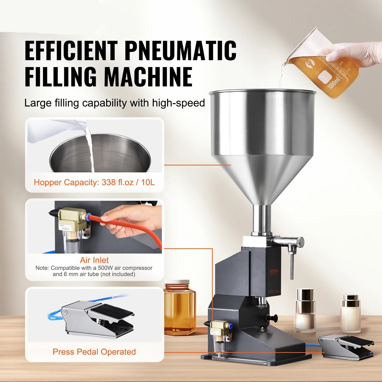 Vloeistof Vulmachine - Handmatige Vulmachine - Vulmachine - Flessen Vuller - Pneumatisch/Handmatig - RVS Machine - Inclusief Voetpedaal Schakelaar - 5 Tot 50 ml - Tot 200 Graden - QUORE