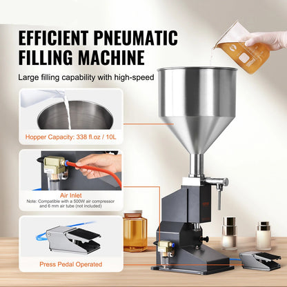 Vloeistof Vulmachine - Handmatige Vulmachine - Vulmachine - Flessen Vuller - Pneumatisch/Handmatig - RVS Machine - Inclusief Voetpedaal Schakelaar - 5 Tot 50 ml - Tot 200 Graden - QUORE