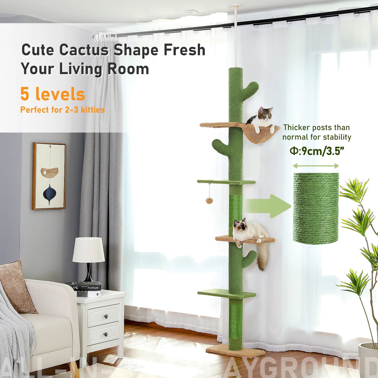 Cactus Kattentoren - Verstelbare Krabpaal met Sisal - Hangmat en 2 Mandjes - Kattenmeubel voor Meerdere Katten - Hoogte 216-285cm - Groen