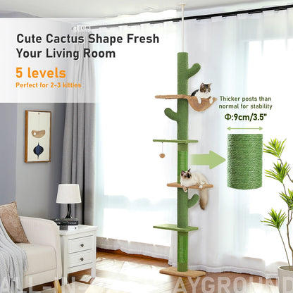 Cactus Kattentoren - Verstelbare Krabpaal met Sisal - Hangmat en 2 Mandjes - Kattenmeubel voor Meerdere Katten - Hoogte 216-285cm - Groen
