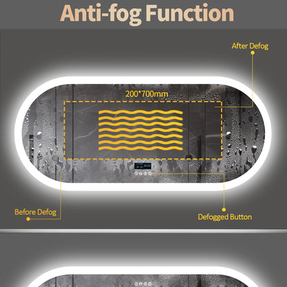 Badkamerspiegel – Spiegel Met Speaker – Led Spiegel – Anti-Fog Spiegel – Frameloos Design – Bluetooth Speaker – Driedelige Ledverlichting - Ovaal - 120x60cm - QUORE