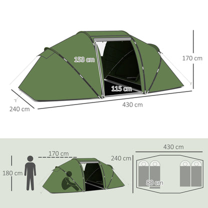 Tent – Kampeertent – Familie Tent – 6 Persoons Tent – Waterdicht 2000 Mm – Lichtgewicht Glasvezel Frame - 430 x 240 x 170 cm - Groen