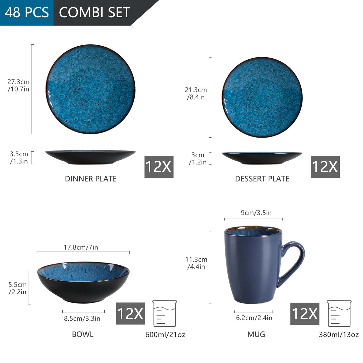Servies - Servies set - 48 Stuk - Vintage Keramische - Met Diner/Dessertbord - Kom - Koffie Cups - Blauw Steengoed